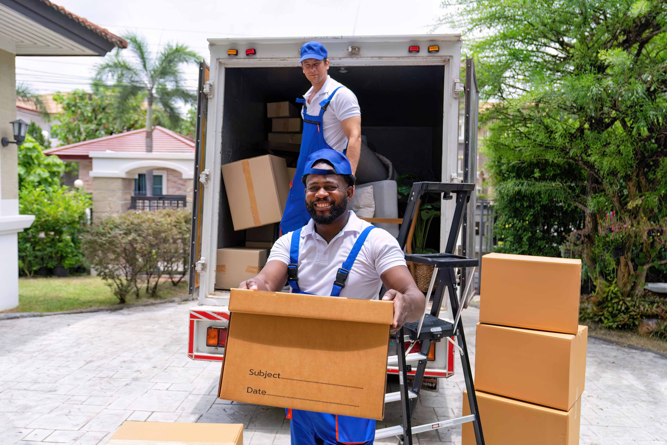 Professional goods move service use truck carry personal belongings door to door transport delivery handover boxes luggage one by one and keep stack on the floor before transfer to place in house
